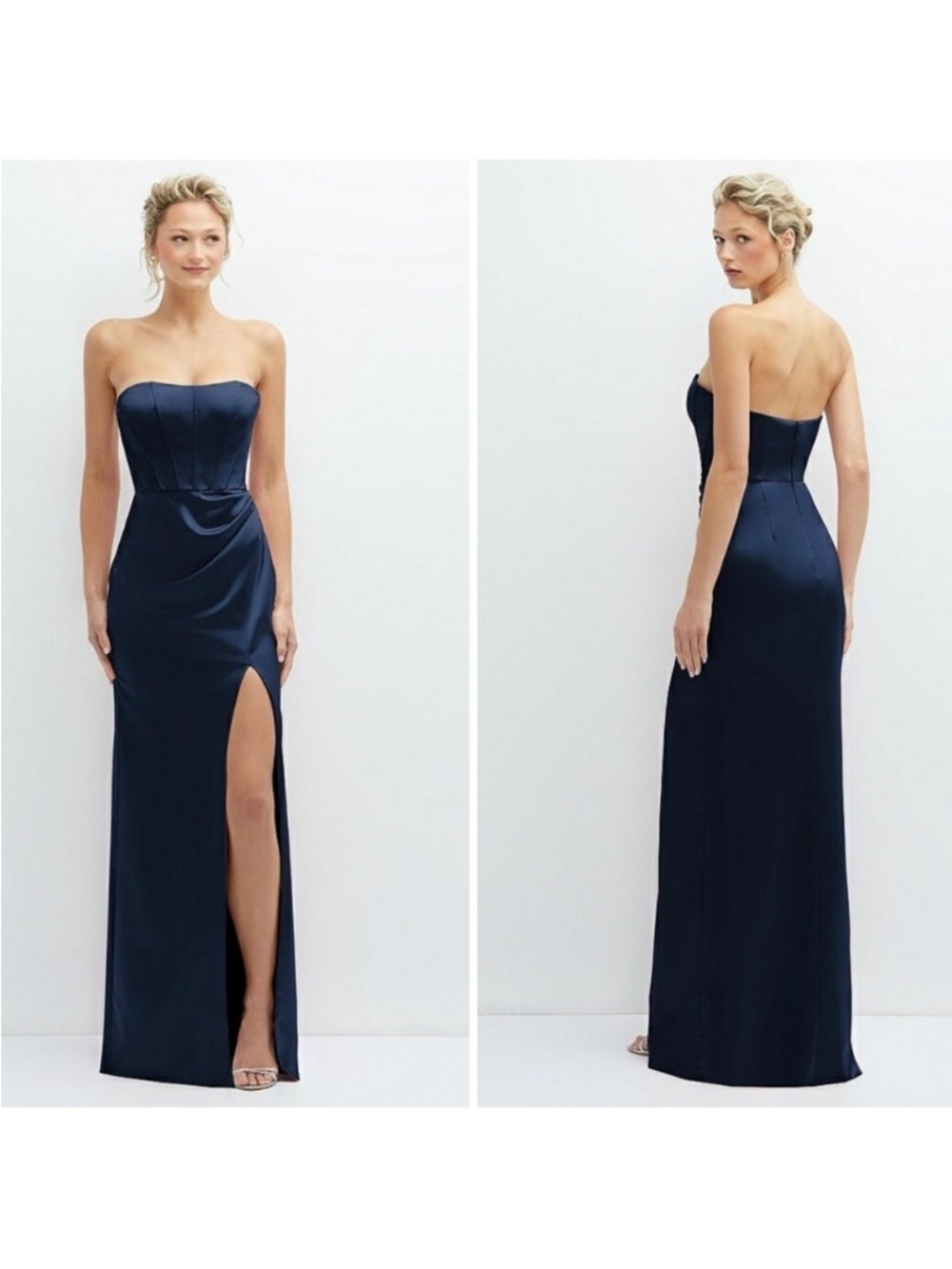 After Six Strapless Topstitched Corset Satin Maxi Dress With Draped Column Skirt